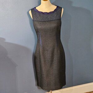 Elie Tahari Blue Black w Satin Details Textured BoatNeck Sleeveless Sheath Dress